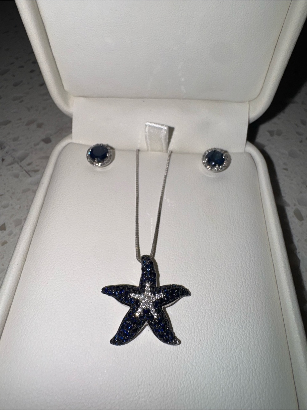Na Hoku Navy Blue and White Starfish Pendant Necklace with Stud Earrings